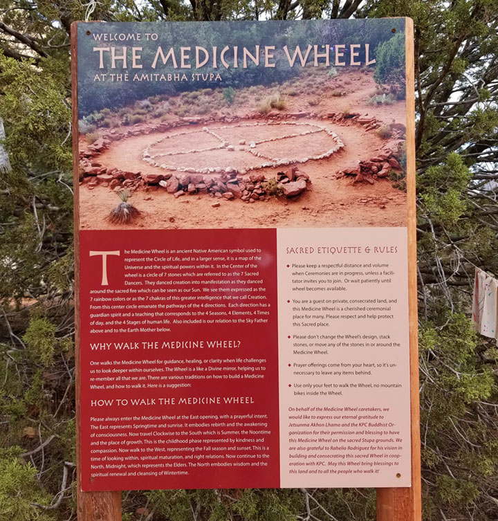 A sign saying "Welcome To The Medicine Wheel" and a description about the medicine wheel in Sedona Arizona
